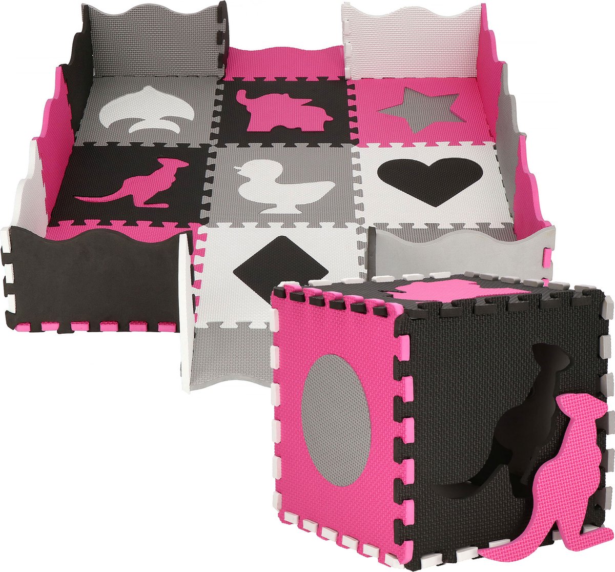 Springos Speelmat | Speelmat Foam | Puzzelmat | Figuren | 9 puzzelstukken | 120 x 120 cm | Roze/Grijs/Zwart/Wit